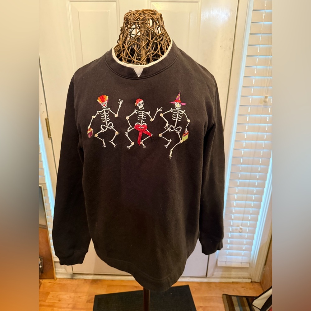 White Stag Black Crew Neck Sweater with Colorful Skeletons